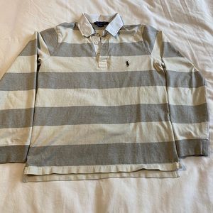 Ralph Lauren Grey and White Strips Long Sleeve Polo Size Large